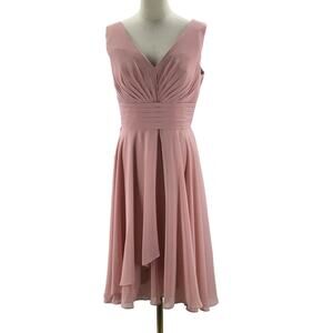 FORMAL 12 L Pink Pleated V-Neck A-Line Faux Wrap Bridesmaid Midi Dress NWT B66